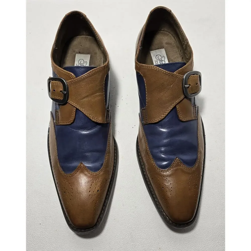 Fratelli Footwear Mens Tan/Blue Leather Wingtip Monk Strap Dress Shoes Sz US 9.5